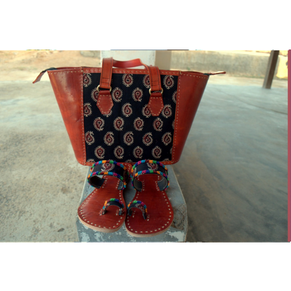 Leather handbag & Toe sandal set (with block print fabric)